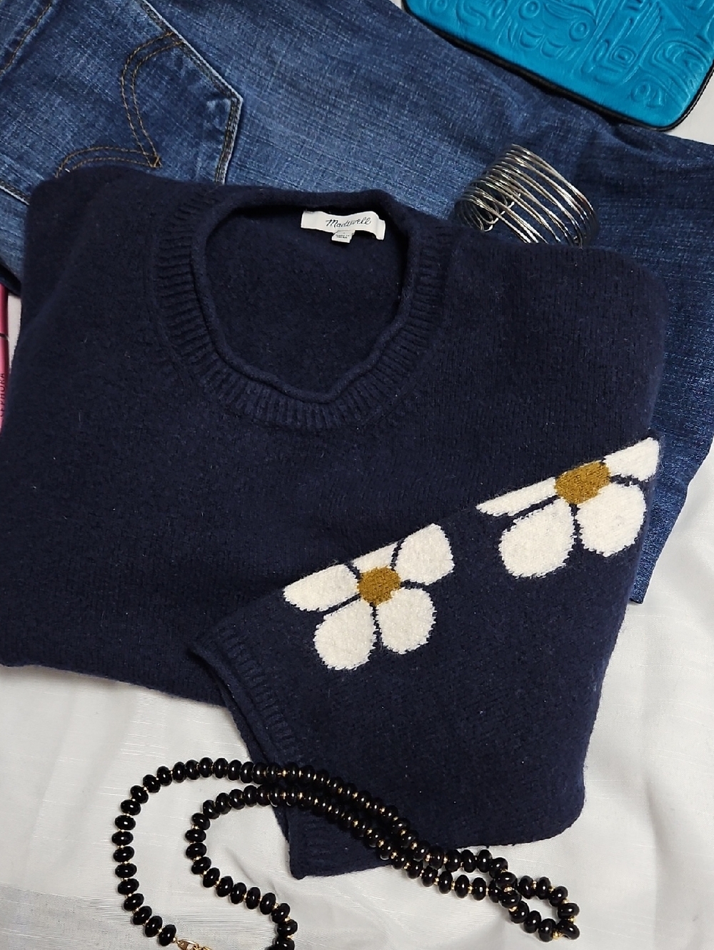 MADEWELL Belmore Floral-Sleeve Sweater in Coziest Textured Yarn In Indigo Large